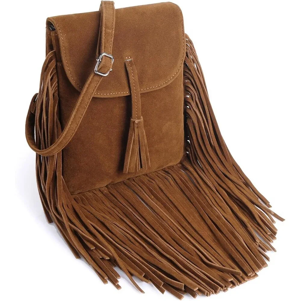 Elegant Fringe Phone Purse with Tassels - 3 Compartment Crossbody Bag for Women